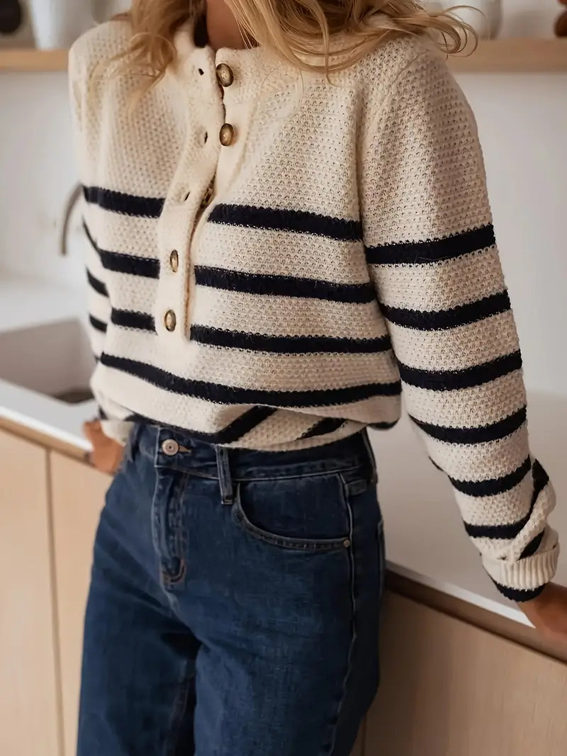 DualGuard | Gestreifter Pullover mit Rundhalsausschnitt und Knopfleiste für mühelosen Stil