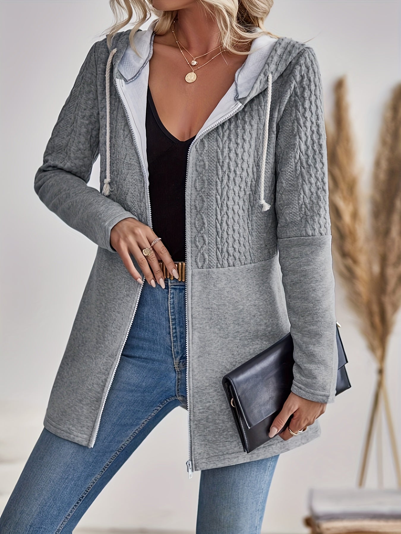 GreyGlam | Damen Kapuzenjacke mit Reißverschluss in Hellgrau – Leicht & Bequem
