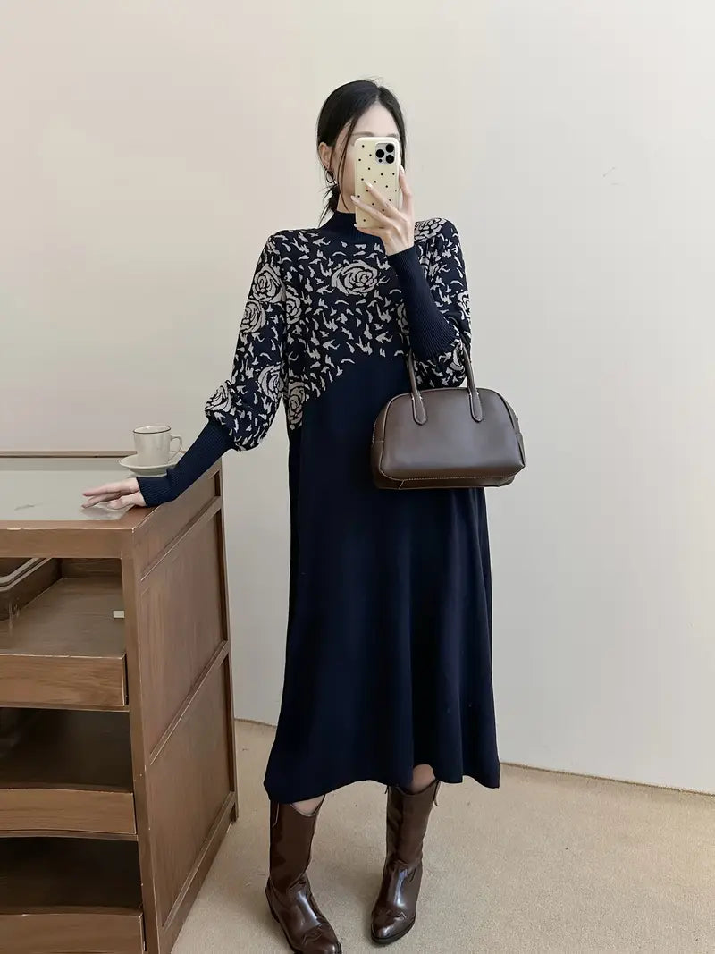 Vividra | Winterliches Hochtailliertes Midi-Kleid mit Retro-Print und Slimming-Effekt