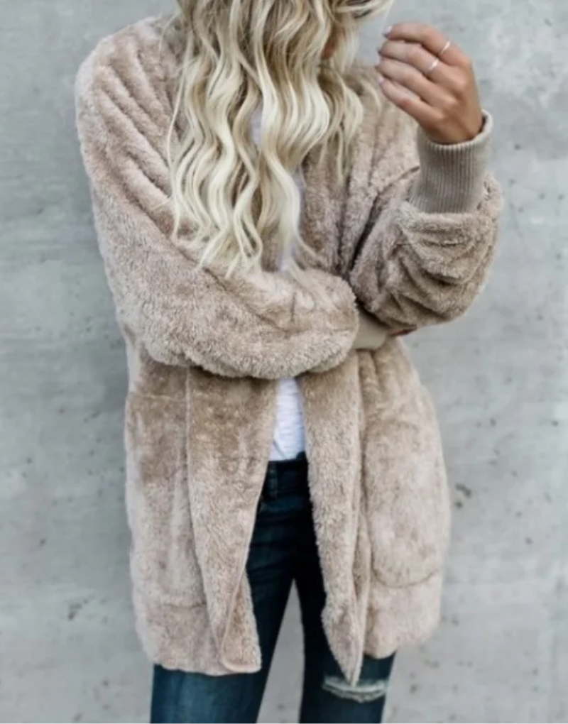 Teddy Luxe | Damen Teddy-Mantel mit gerippten Bündchen und Taschen