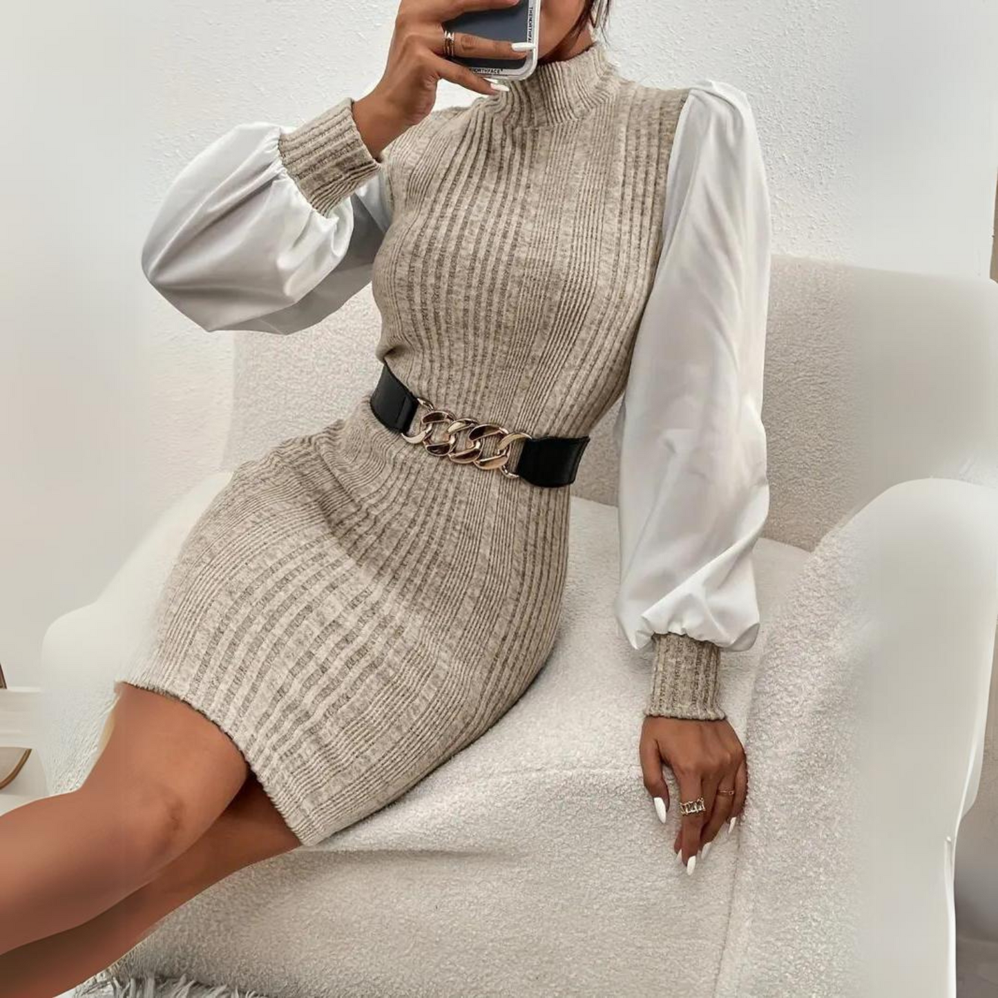 Warmelle | Rippstrick-Minikleid mit Stehkragen und langen Läuferärmeln für Damen