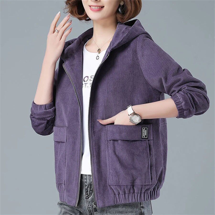 Cecilia | Damen Cord Kapuzenjacke mit Reißverschluss und großzügigen Taschen