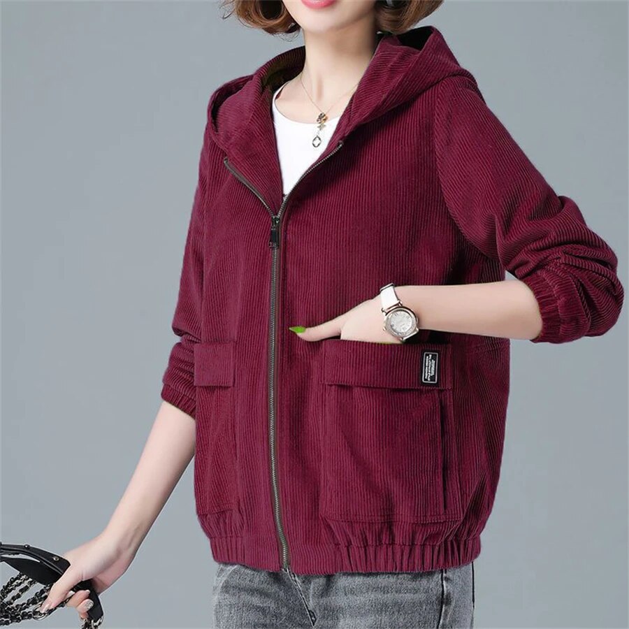 Cecilia | Damen Cord Kapuzenjacke mit Reißverschluss und großzügigen Taschen
