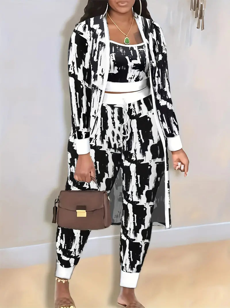 Snowlux | 3-teiliges Damen Set mit All-Over Print – Crop Top, Slim Pants & Strickjacke
