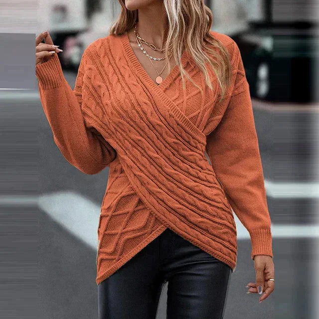 Elara | Damen Asymmetrischer V-Ausschnitt Wickelstrickpullover – Perfekt für Gemütliche Wintertage