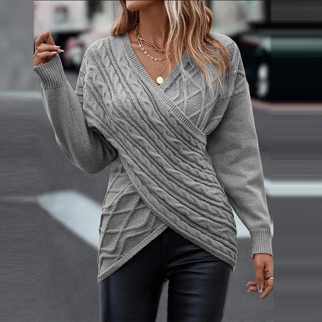 Elara | Damen Asymmetrischer V-Ausschnitt Wickelstrickpullover – Perfekt für Gemütliche Wintertage