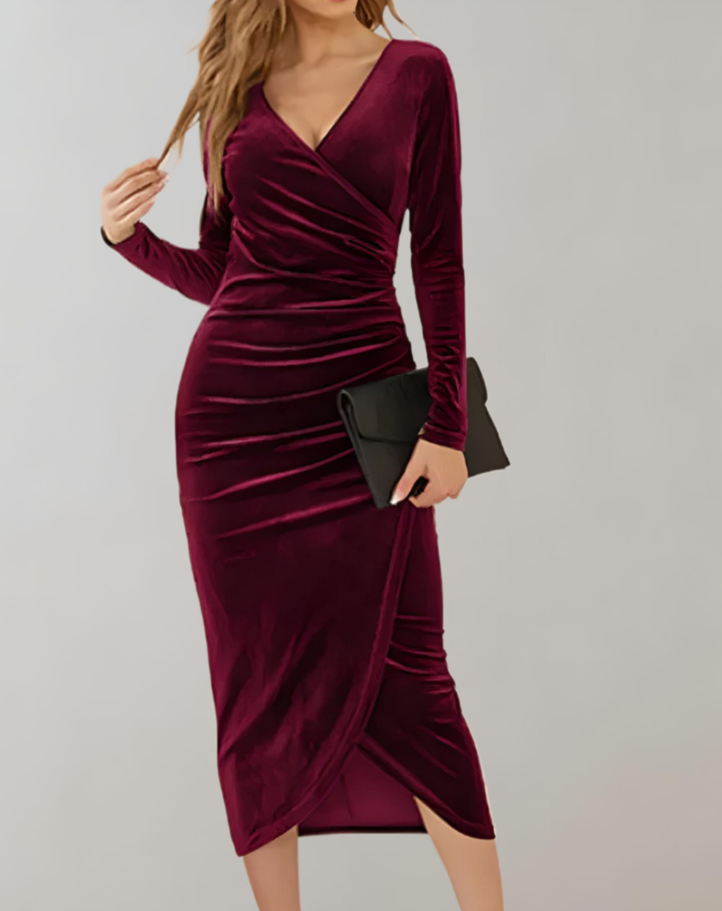 Avelon | Figurbetontes Samt-Wickelkleid mit V-Ausschnitt und Rüschen