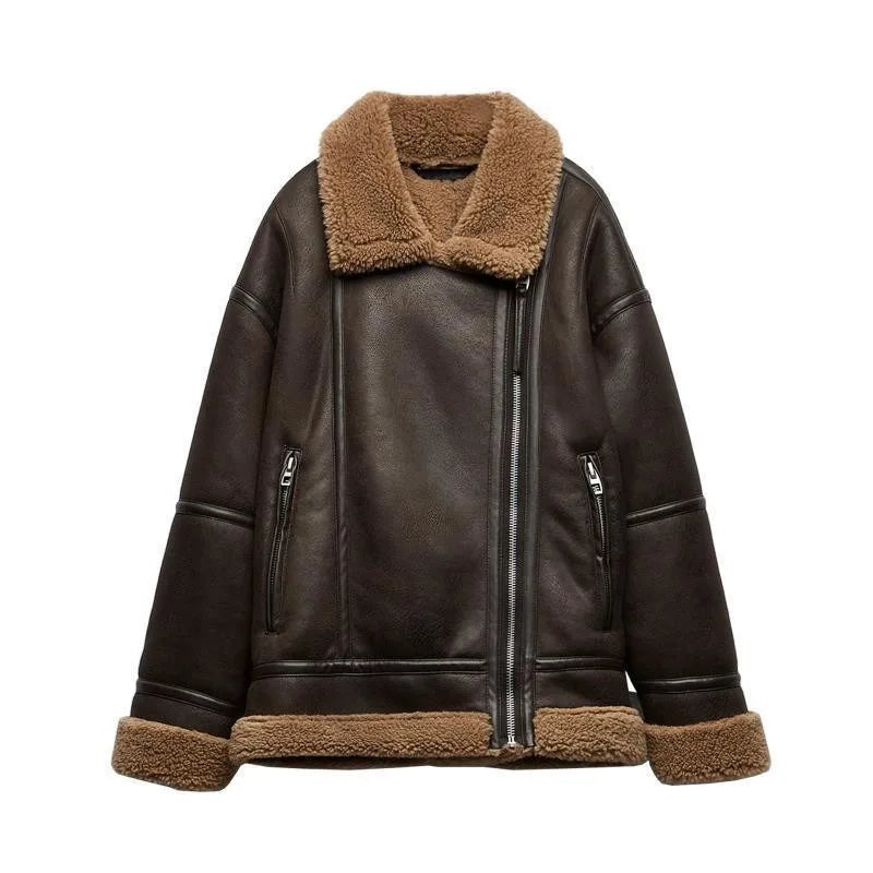 Strideon | Damen Lederjacke mit Reverskragen und Fleece-Innenseite in braun