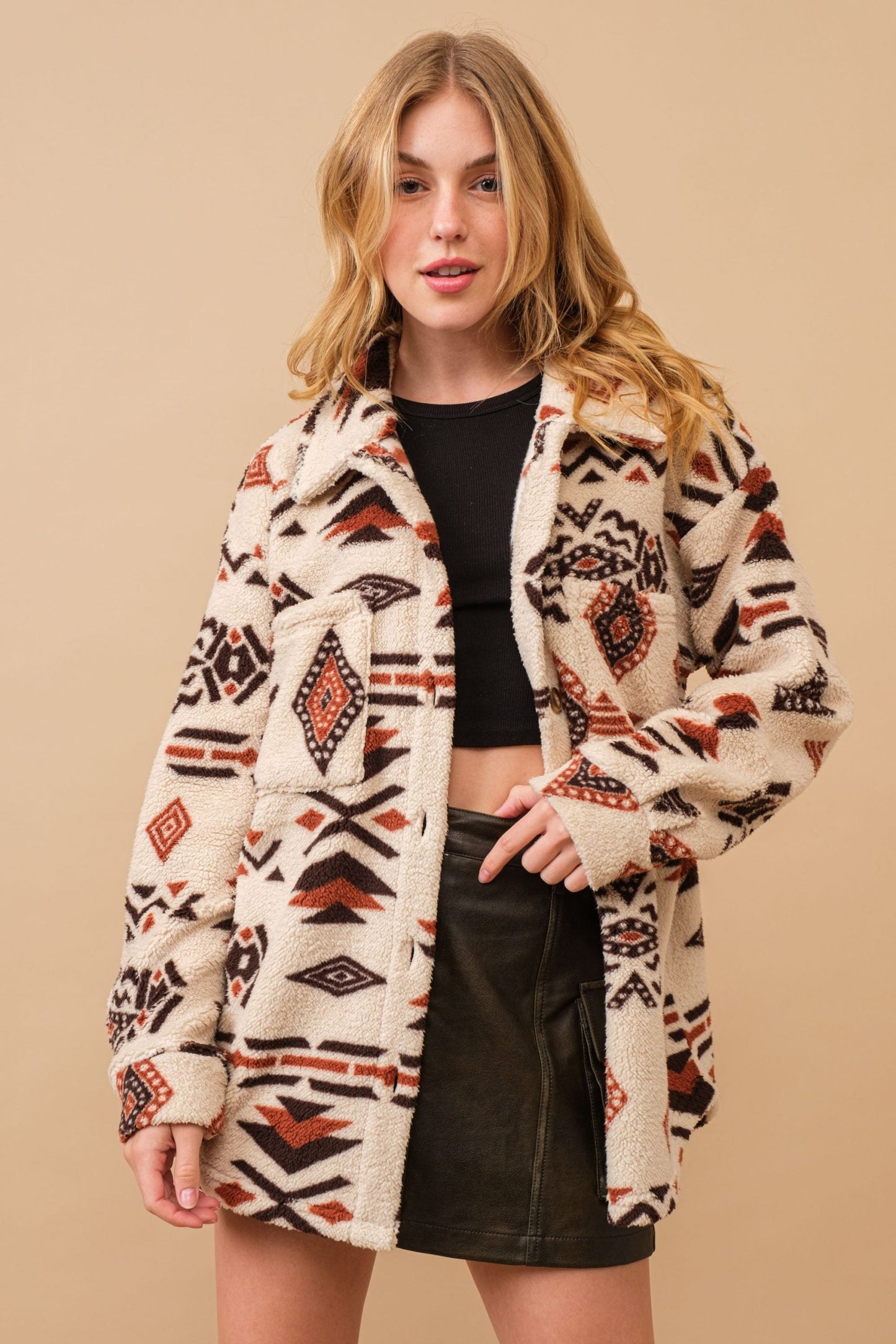 Catina | Damen Ethno-Print Fleece-Jacke mit Kordelzug und Stehkragen