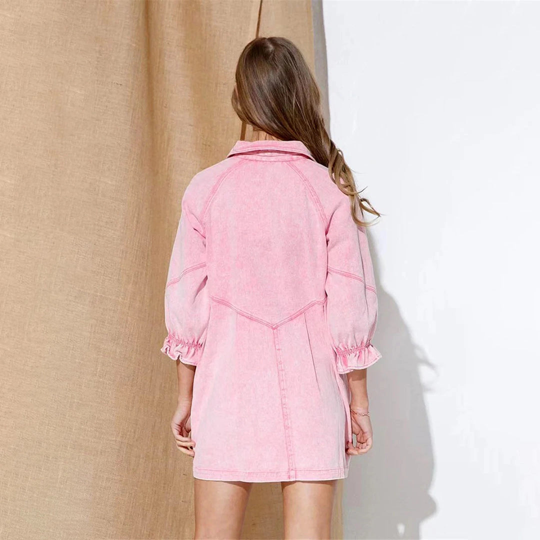 Sarture | Rosa Cord-Rüschen-Minikleid - lange Ärmel