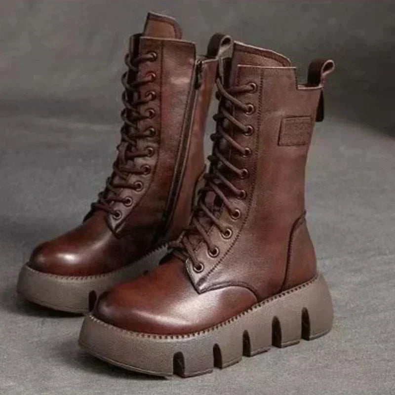 Eliana | Damen Lederstiefel mit Blockabsatz, mittelhoch, gefüttert, mit Reißverschluss und Schnürung