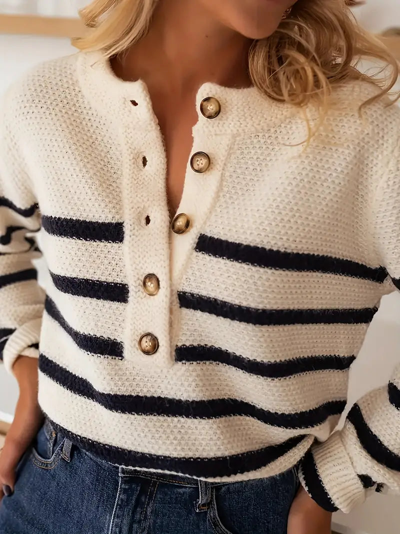 DualGuard | Gestreifter Pullover mit Rundhalsausschnitt und Knopfleiste für mühelosen Stil