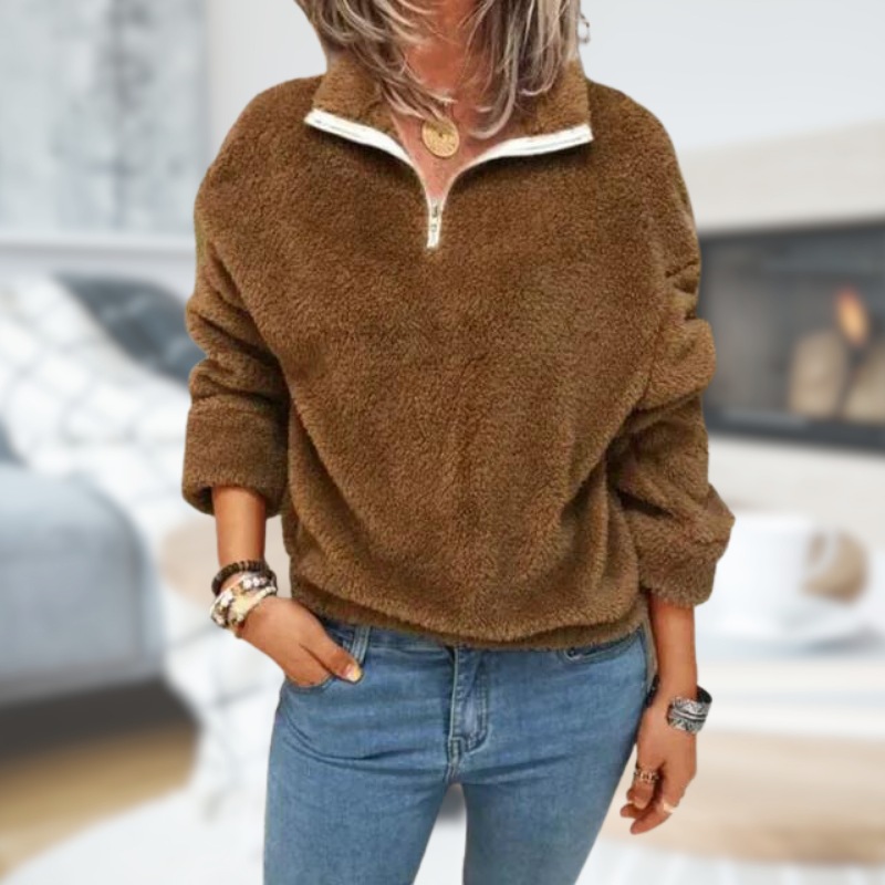 Fleecella | Damen Zip-Up Teddy-Pullover mit Stehkragen – Extra Warm und Kuschelig für den Winter