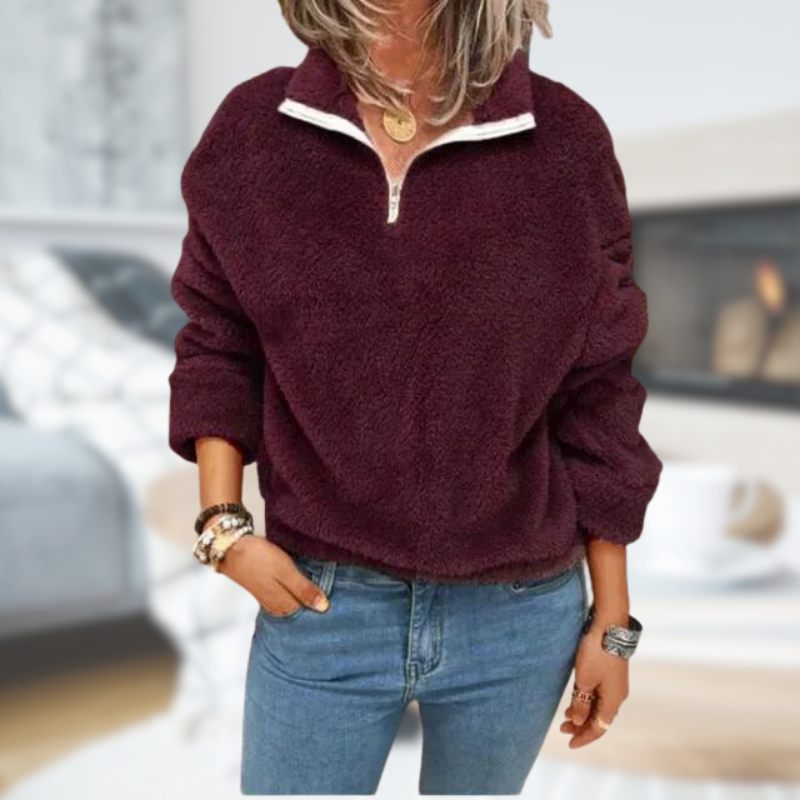 Fleecella | Damen Zip-Up Teddy-Pullover mit Stehkragen – Extra Warm und Kuschelig für den Winter