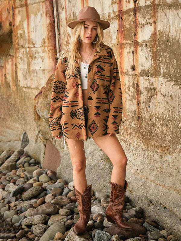 Catina | Damen Ethno-Print Fleece-Jacke mit Kordelzug und Stehkragen