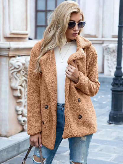 Halira | Damen Stylischer Teddy Plüsch Luxus Fleecemantel mit Taschen