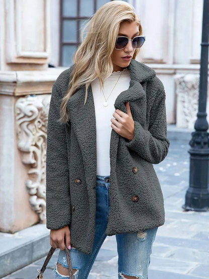 Halira | Damen Stylischer Teddy Plüsch Luxus Fleecemantel mit Taschen