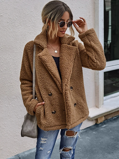 Halira | Damen Stylischer Teddy Plüsch Luxus Fleecemantel mit Taschen