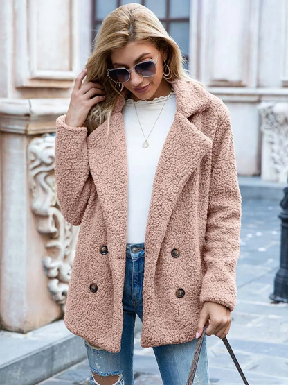 Halira | Damen Stylischer Teddy Plüsch Luxus Fleecemantel mit Taschen