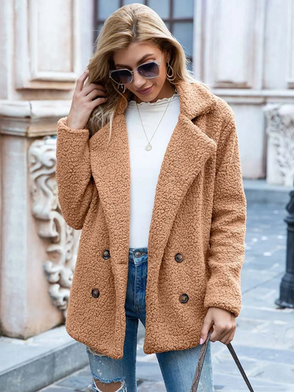 Halira | Damen Stylischer Teddy Plüsch Luxus Fleecemantel mit Taschen