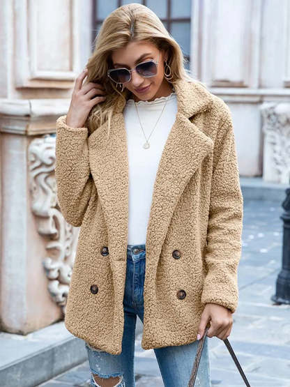 Halira | Damen Stylischer Teddy Plüsch Luxus Fleecemantel mit Taschen