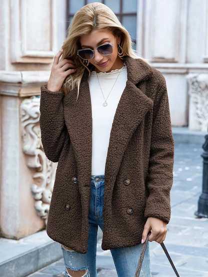 Halira | Damen Stylischer Teddy Plüsch Luxus Fleecemantel mit Taschen