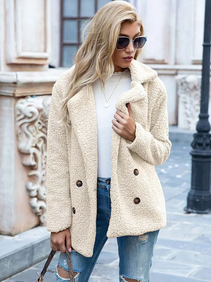 Halira | Damen Stylischer Teddy Plüsch Luxus Fleecemantel mit Taschen