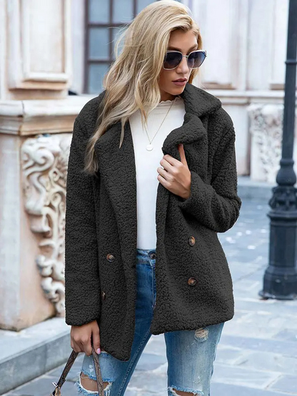 Halira | Damen Stylischer Teddy Plüsch Luxus Fleecemantel mit Taschen