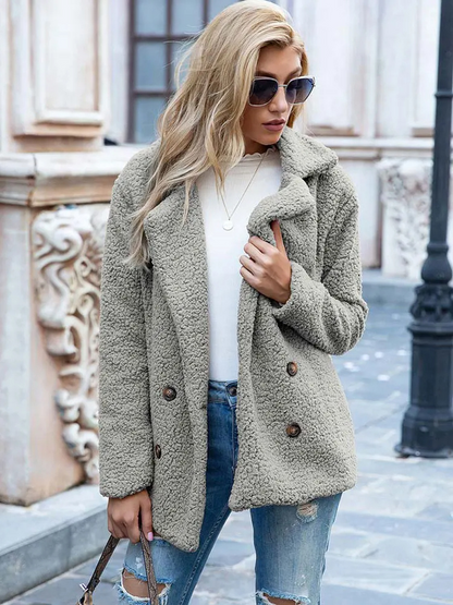 Halira | Damen Stylischer Teddy Plüsch Luxus Fleecemantel mit Taschen