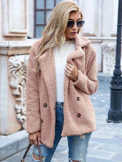 Halira | Damen Stylischer Teddy Plüsch Luxus Fleecemantel mit Taschen