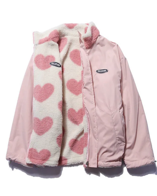Formin | Damen Wendefleecejacke mit Herzdesign und Stehkragen, Reißverschluss