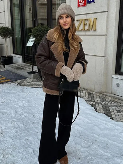 Strideon | Damen Lederjacke mit Reverskragen und Fleece-Innenseite in braun