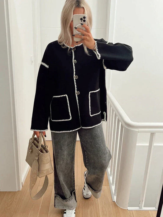 LuxeBot | Damen Langarm-Strickjacke mit Kontrast-Innenfutter und großen Taschen