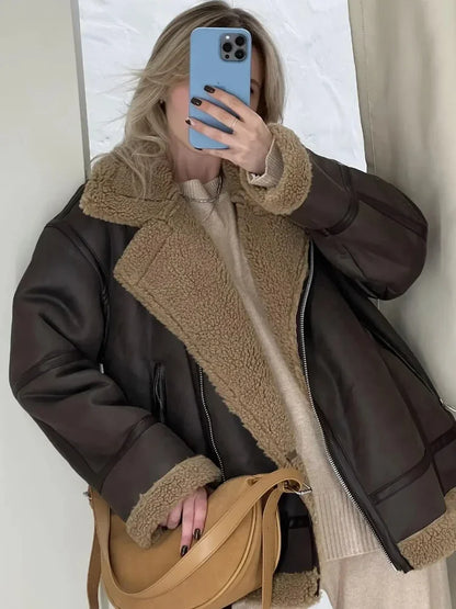 Strideon | Damen Lederjacke mit Reverskragen und Fleece-Innenseite in braun