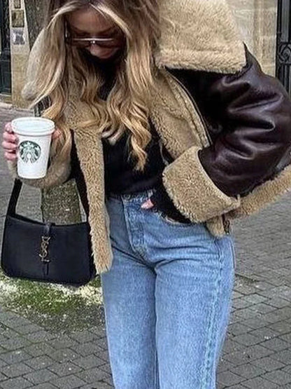 Strideon | Damen Lederjacke mit Reverskragen und Fleece-Innenseite in braun