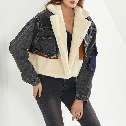 Comfor | Trendige Patchwork-Lammfell- und Denim-Winterjacke