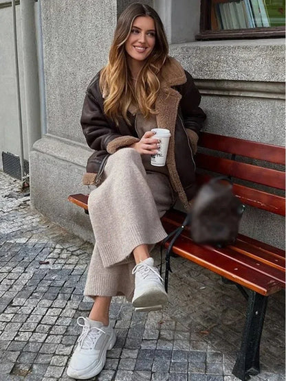 Strideon | Damen Lederjacke mit Reverskragen und Fleece-Innenseite in braun