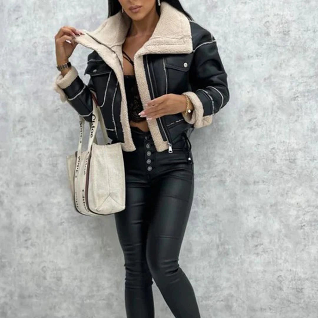 LuxeCrop Damen Beige Shearling Lederjacke - Trendige Wintermode