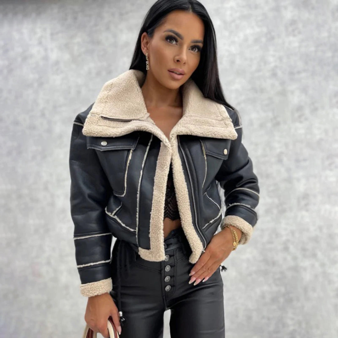 LuxeCrop Damen Beige Shearling Lederjacke - Trendige Wintermode