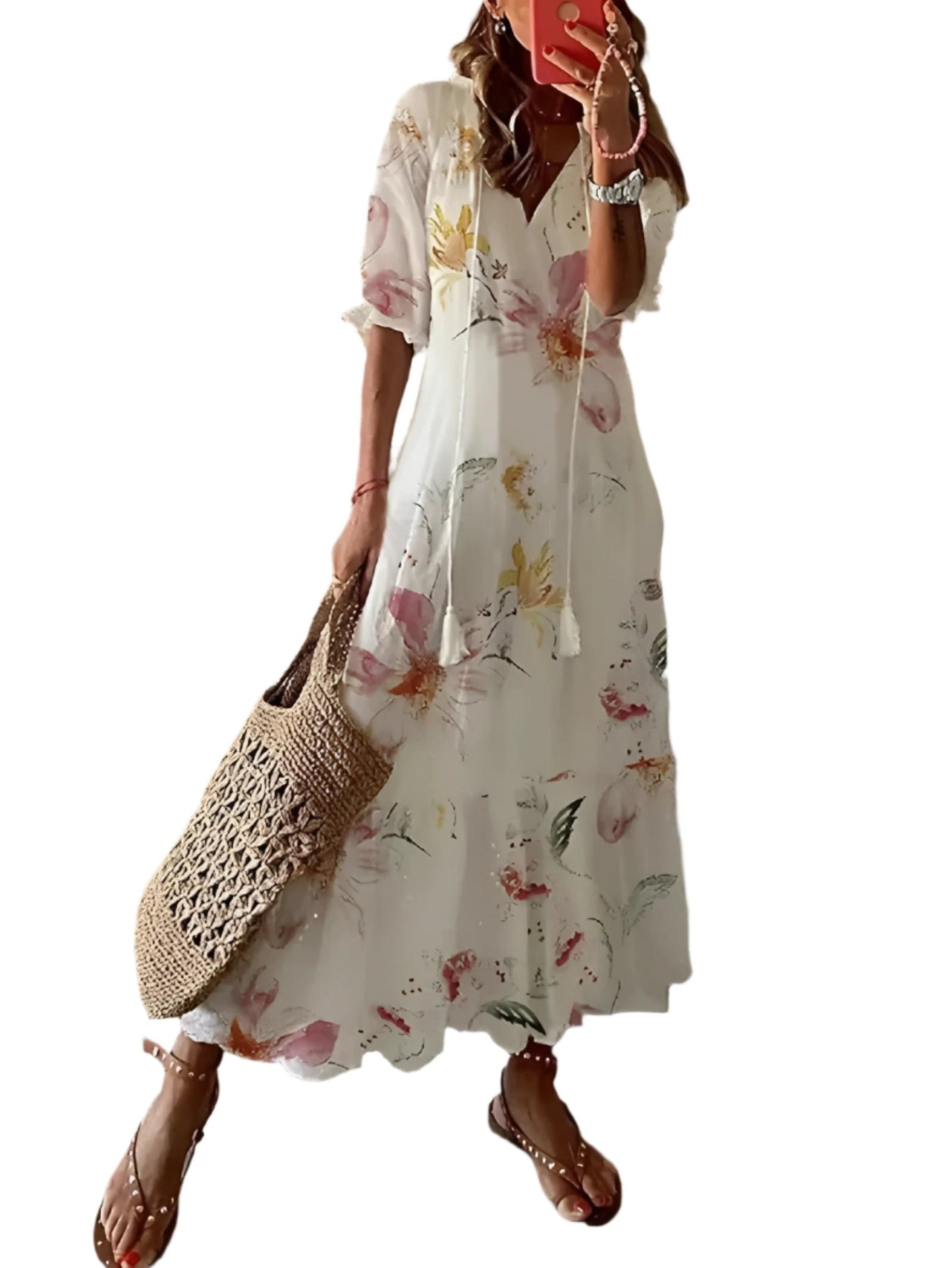 Gracier | Elegantes Midikleid mit V-Ausschnitt und Blumenmuster im Bohème-Stil