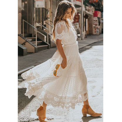 Scallura | Boho Floral Spitze V-Ausschnitt Maxikleid für Frauen