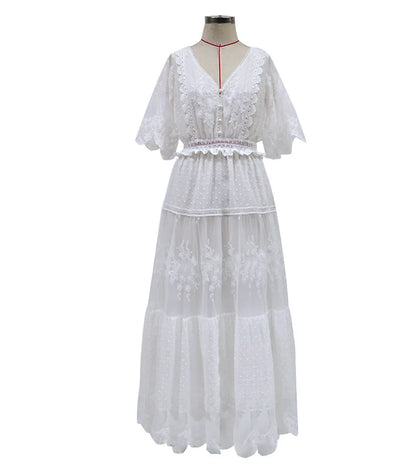 Scallura | Boho Floral Spitze V-Ausschnitt Maxikleid für Frauen