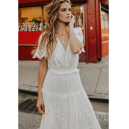 Scallura | Boho Floral Spitze V-Ausschnitt Maxikleid für Frauen
