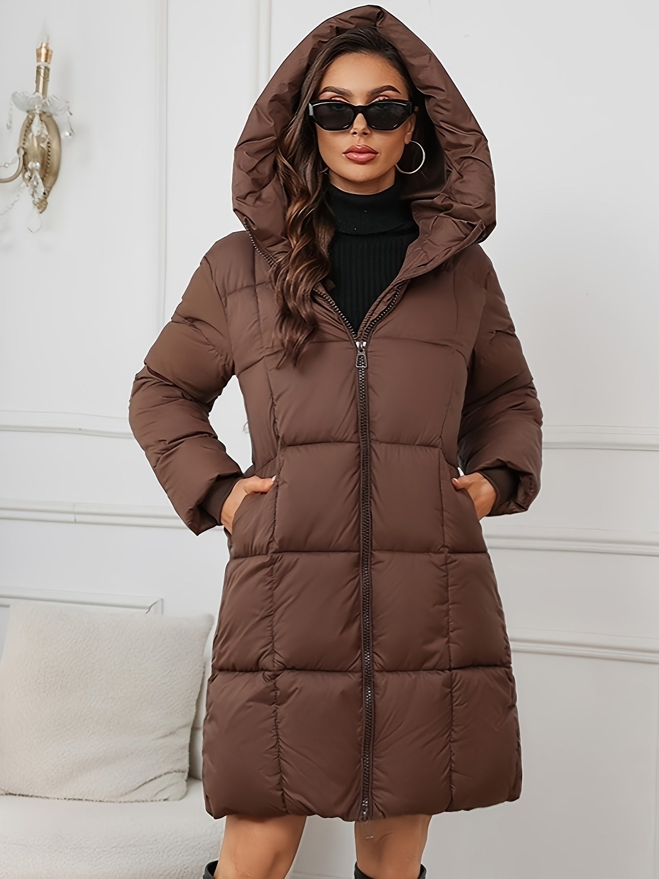 Zeo - Elegante lange Puffer-Winterjacke mit Kapuze für Damen