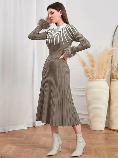 Frostline | A-Linien Strickkleid mit Kunstpelzbesatz