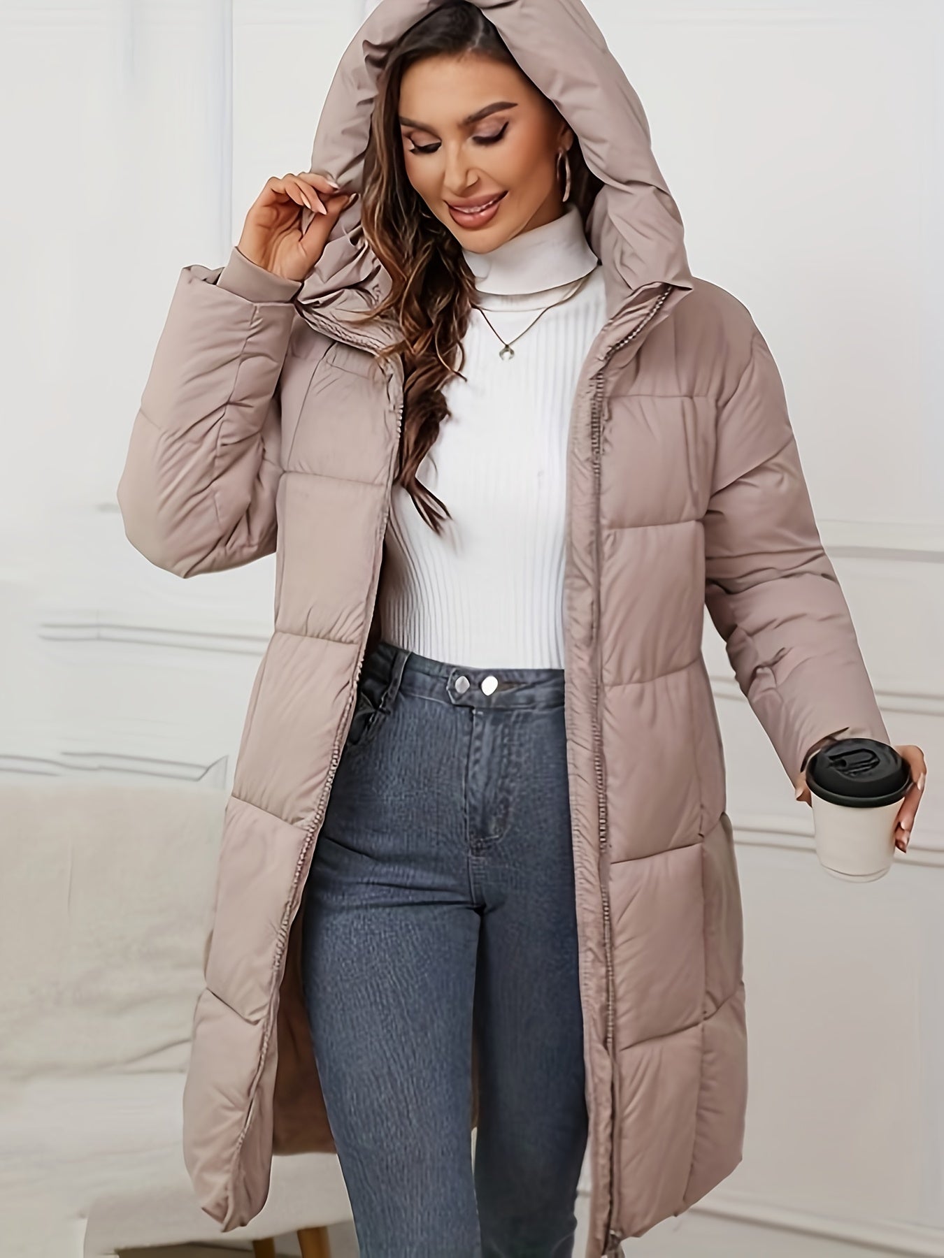 Zeo - Elegante lange Puffer-Winterjacke mit Kapuze für Damen