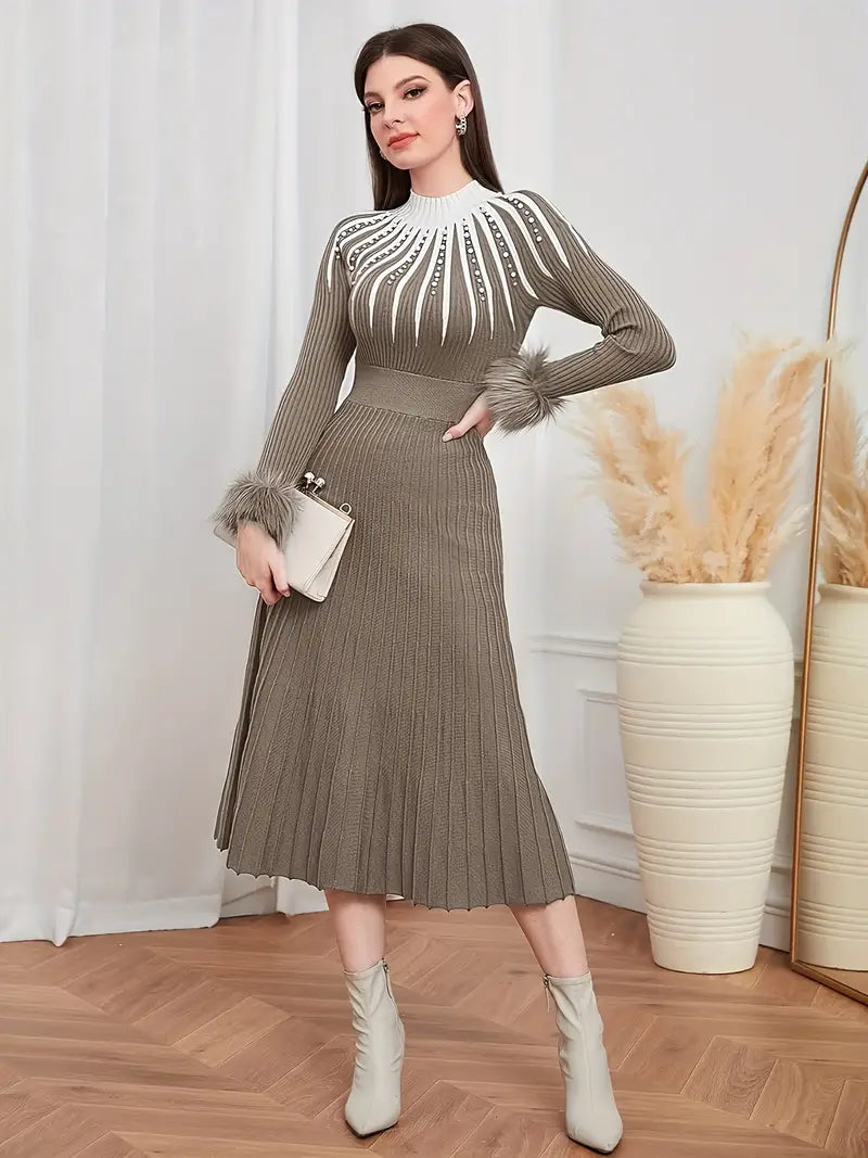 Frostline | A-Linien Strickkleid mit Kunstpelzbesatz